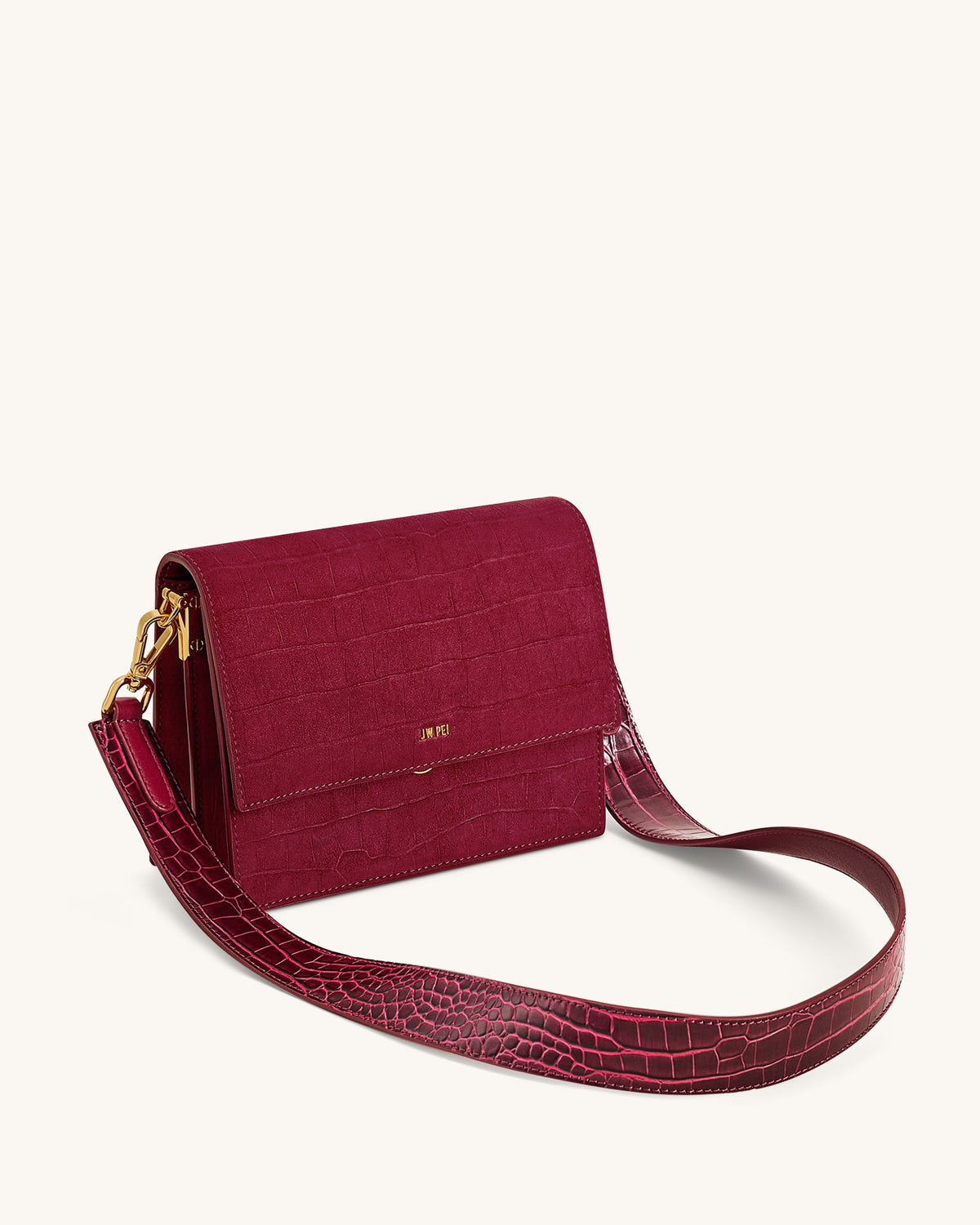 JWPE - Mini Flap Faux Suede Croc Embossed Crossbody - Burgundy