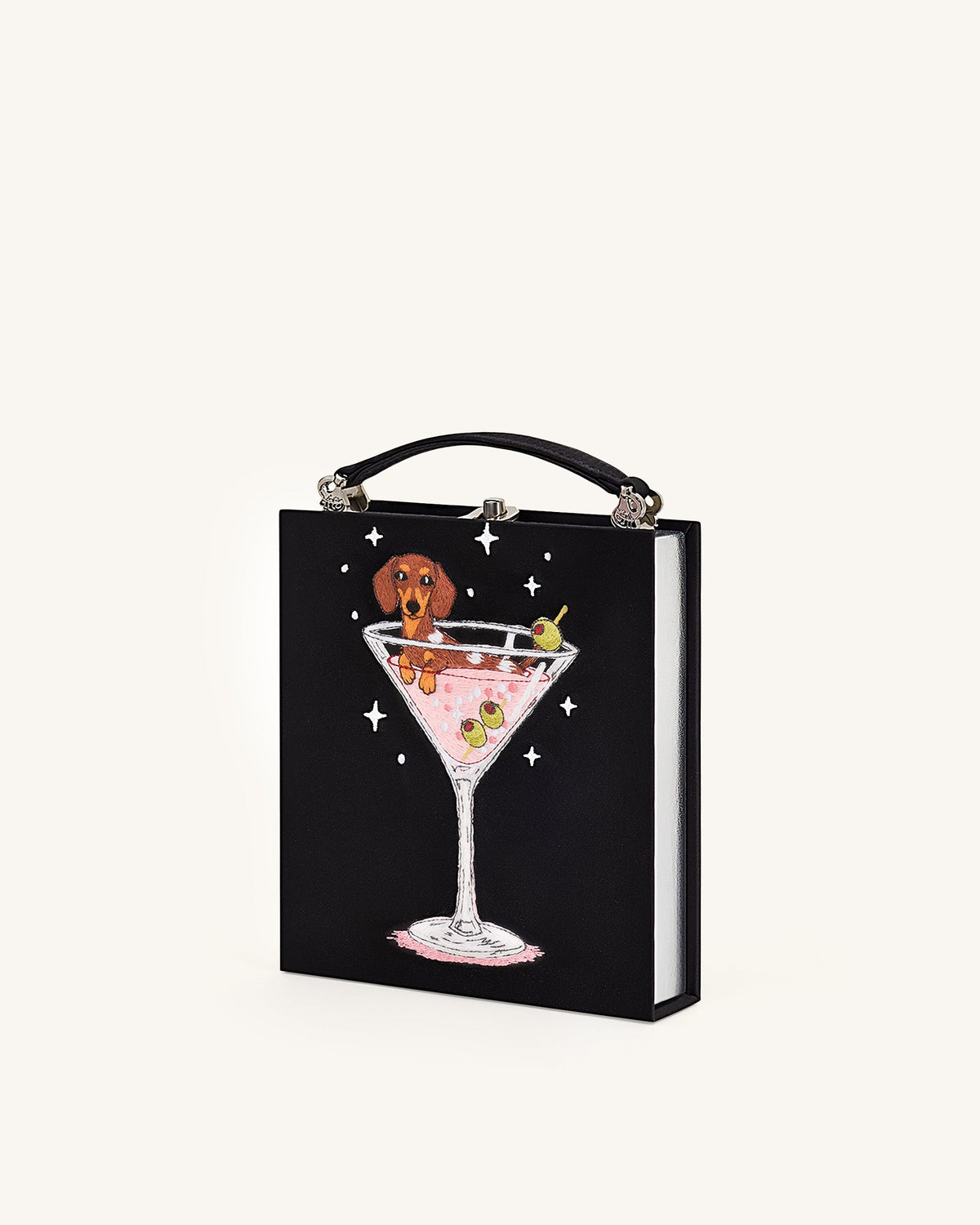 JWPE - Taya Wine Glass Puppy Pattern Book Shape Clutch Bag - Black