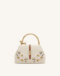 JWPE - Bruna Dachshund Metal Handle Lily Embroidered Top Handle Bag - Brown Canvas