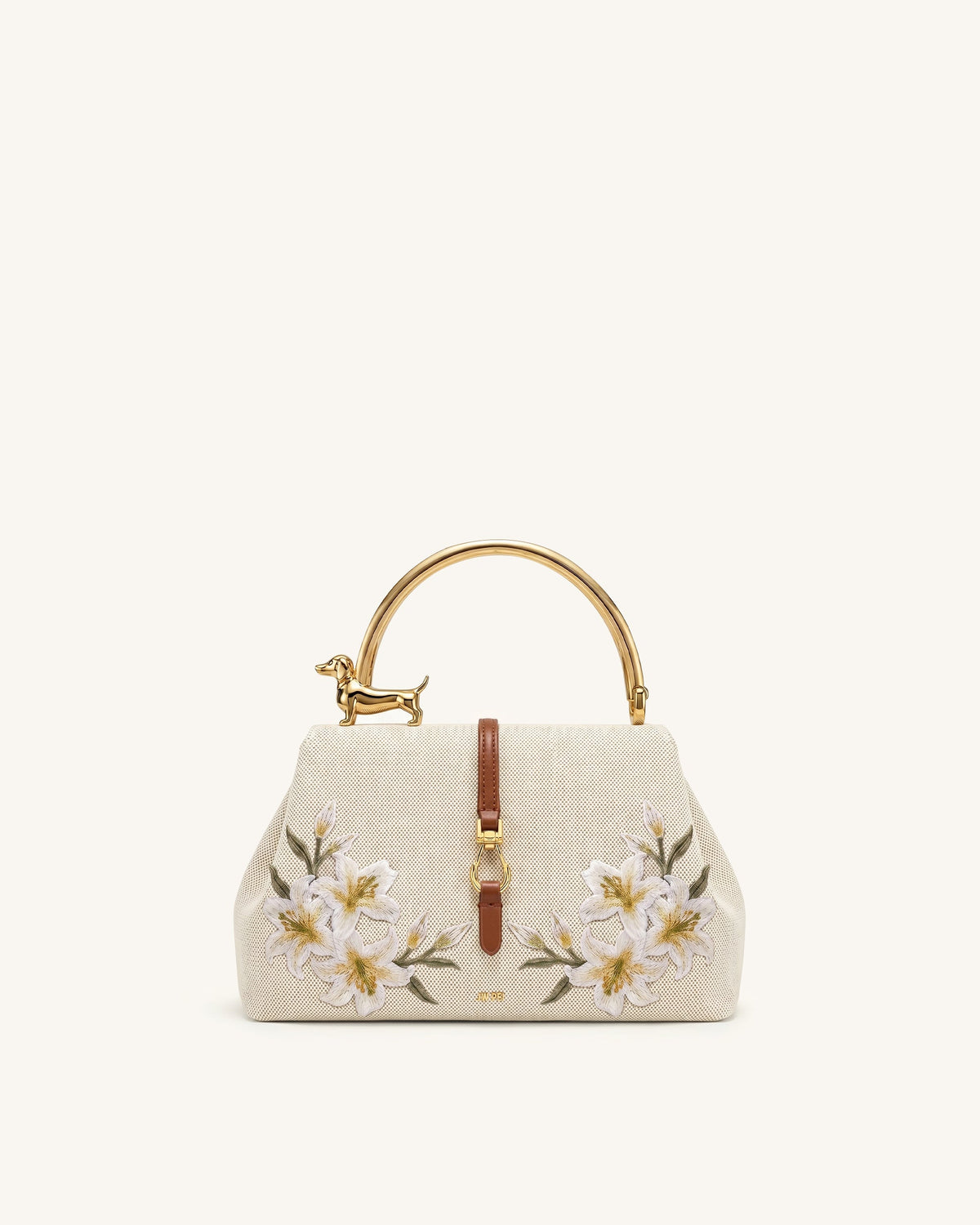 JWPE - Bruna Dachshund Metal Handle Lily Embroidered Top Handle Bag - Brown Canvas