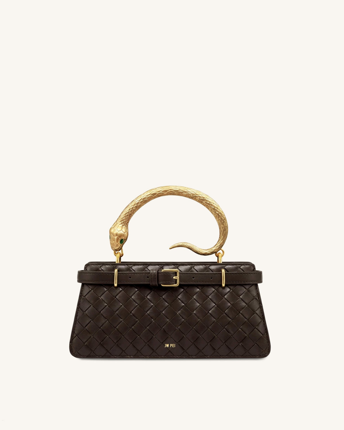 JWPE - Elena Snake Handle Woven Texture Top Handle Bag - Espresso