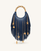 JWPE - Chlorie Metal Handle Fringe Top Handbag - Navy Blue