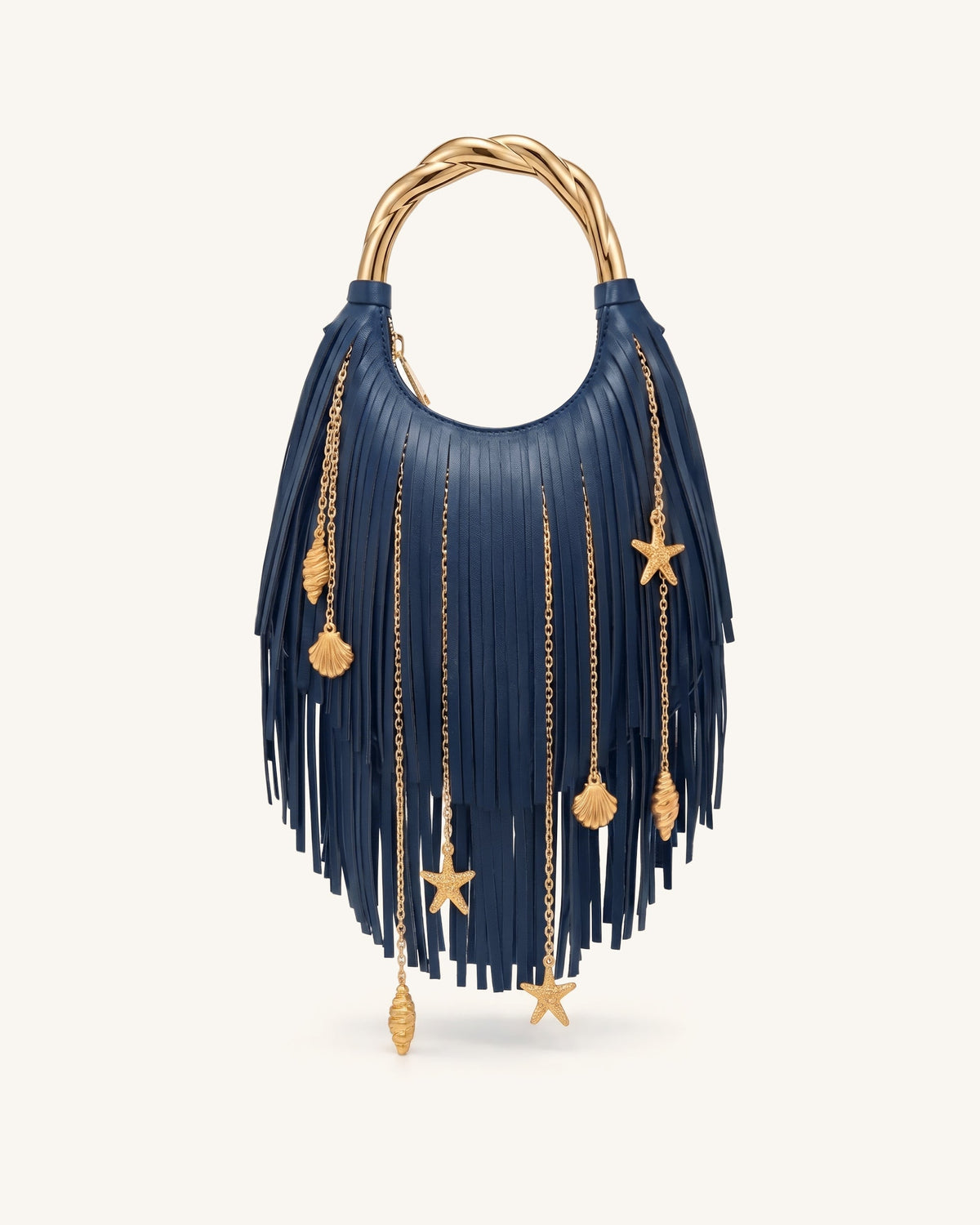 JWPE - Chlorie Metal Handle Fringe Top Handbag - Navy Blue