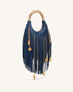 JWPE - Chlorie Metal Handle Fringe Top Handbag - Navy Blue