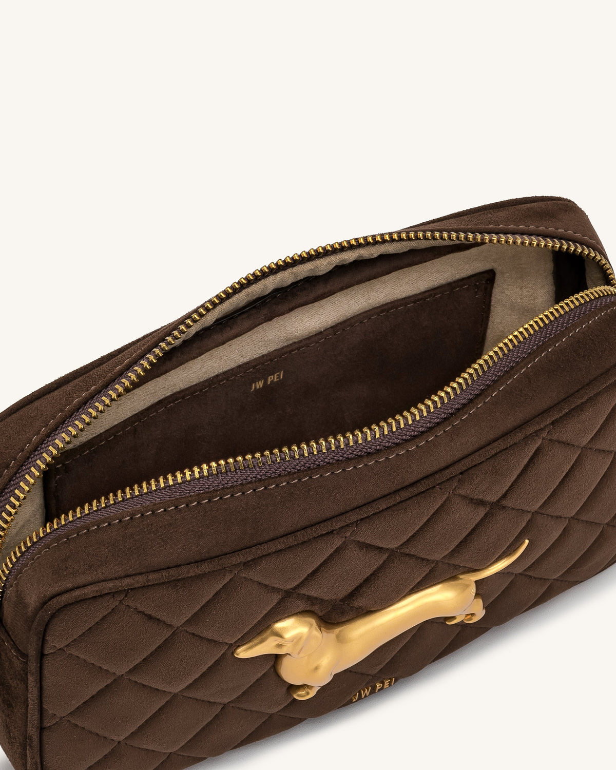 JWPE - Riley Faux Suede Dachshund Quilted Shoulder Bag - Dark Brown