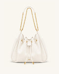 JWPE - Rowan Faux Ostrich Grain Ruched Drawstring Chain Bucket Bag - Cream White