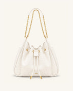 JWPE - Rowan Faux Ostrich Grain Ruched Drawstring Chain Bucket Bag - Cream White