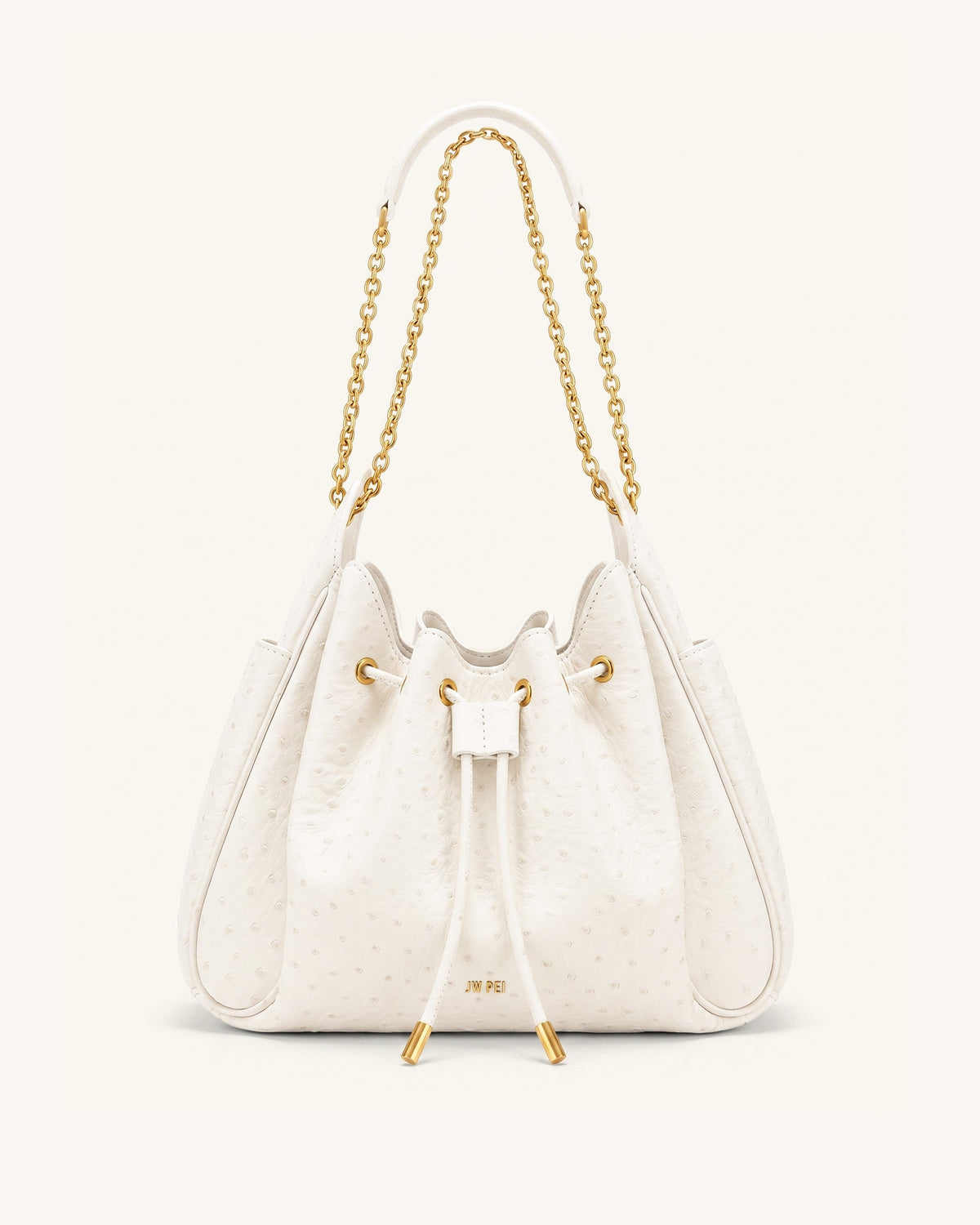 JWPE - Rowan Faux Ostrich Grain Ruched Drawstring Chain Bucket Bag - Cream White