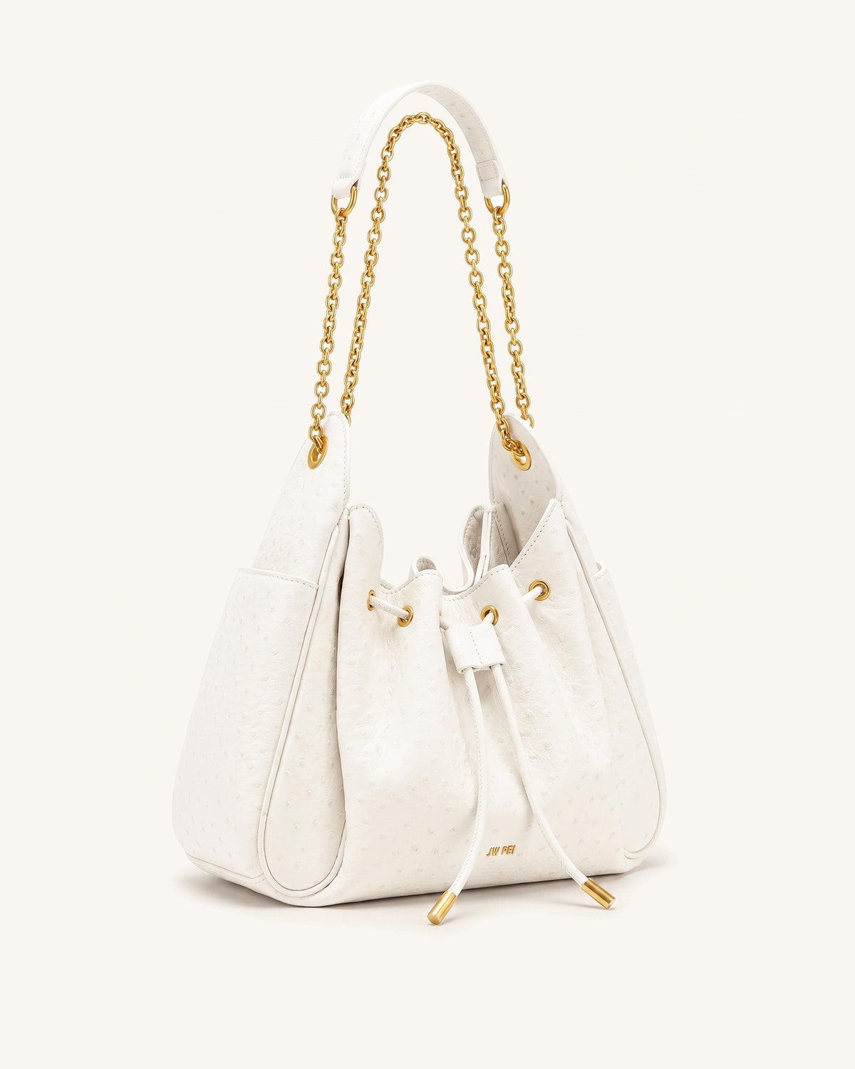 JWPE - Rowan Faux Ostrich Grain Ruched Drawstring Chain Bucket Bag - Cream White