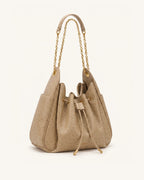 JWPE - Rowan Faux Ostrich Grain Ruched Drawstring Chain Bucket Bag - Oak Brown