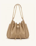 JWPE - Rowan Faux Ostrich Grain Ruched Drawstring Chain Bucket Bag - Oak Brown