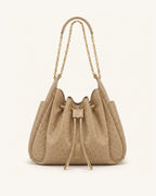 JWPE - Rowan Faux Ostrich Grain Ruched Drawstring Chain Bucket Bag - Oak Brown