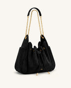 JWPE - Rowan Faux Suede Drawstring Chain Bucket Bag - Cool Black Croc