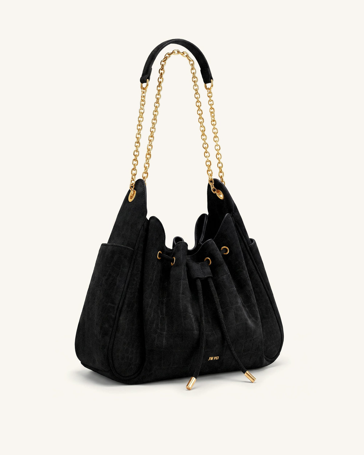 JWPE - Rowan Faux Suede Drawstring Chain Bucket Bag - Cool Black Croc