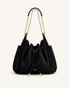 JWPE - Rowan Faux Suede Drawstring Chain Bucket Bag - Cool Black Croc