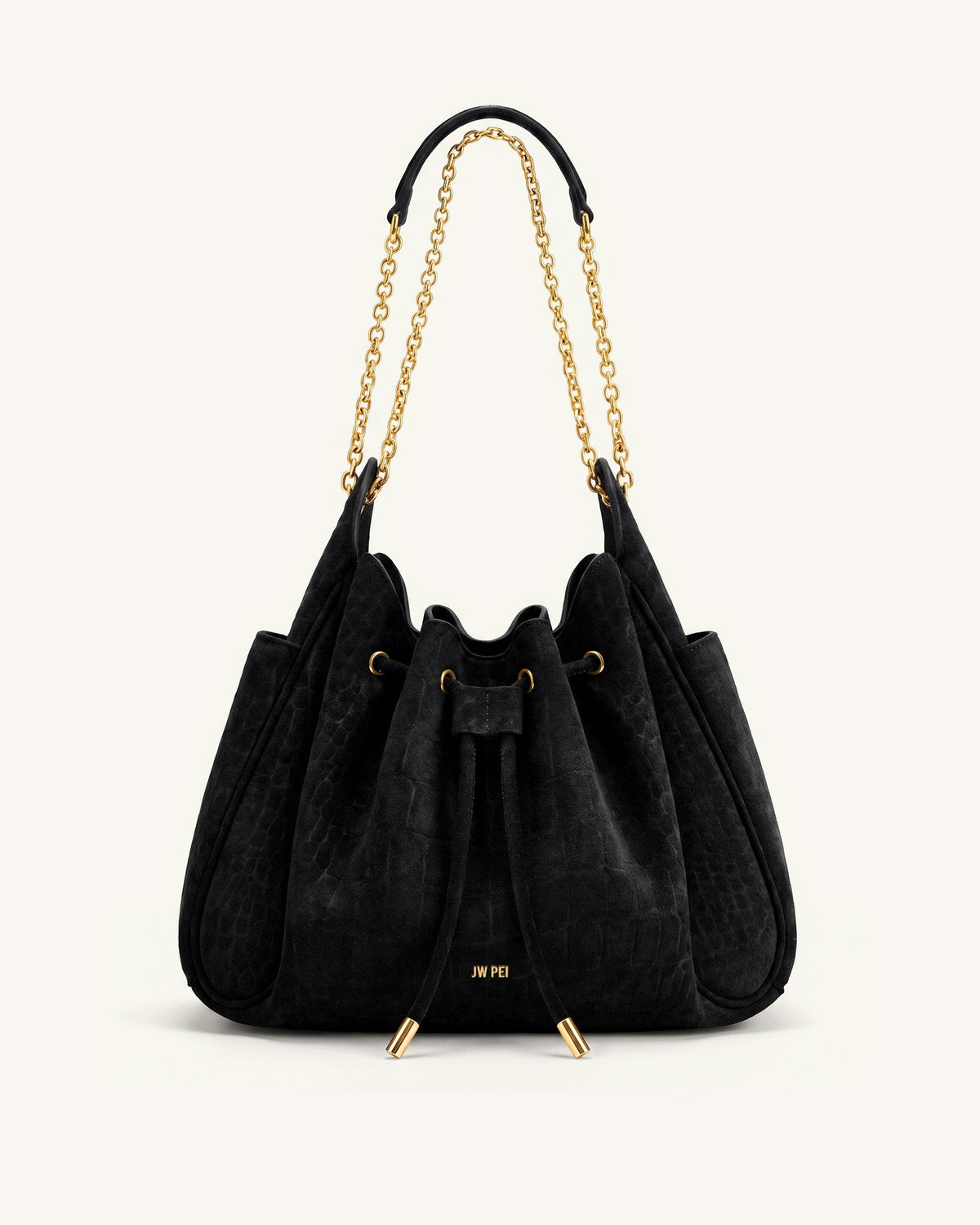 JWPE - Rowan Faux Suede Drawstring Chain Bucket Bag - Cool Black Croc
