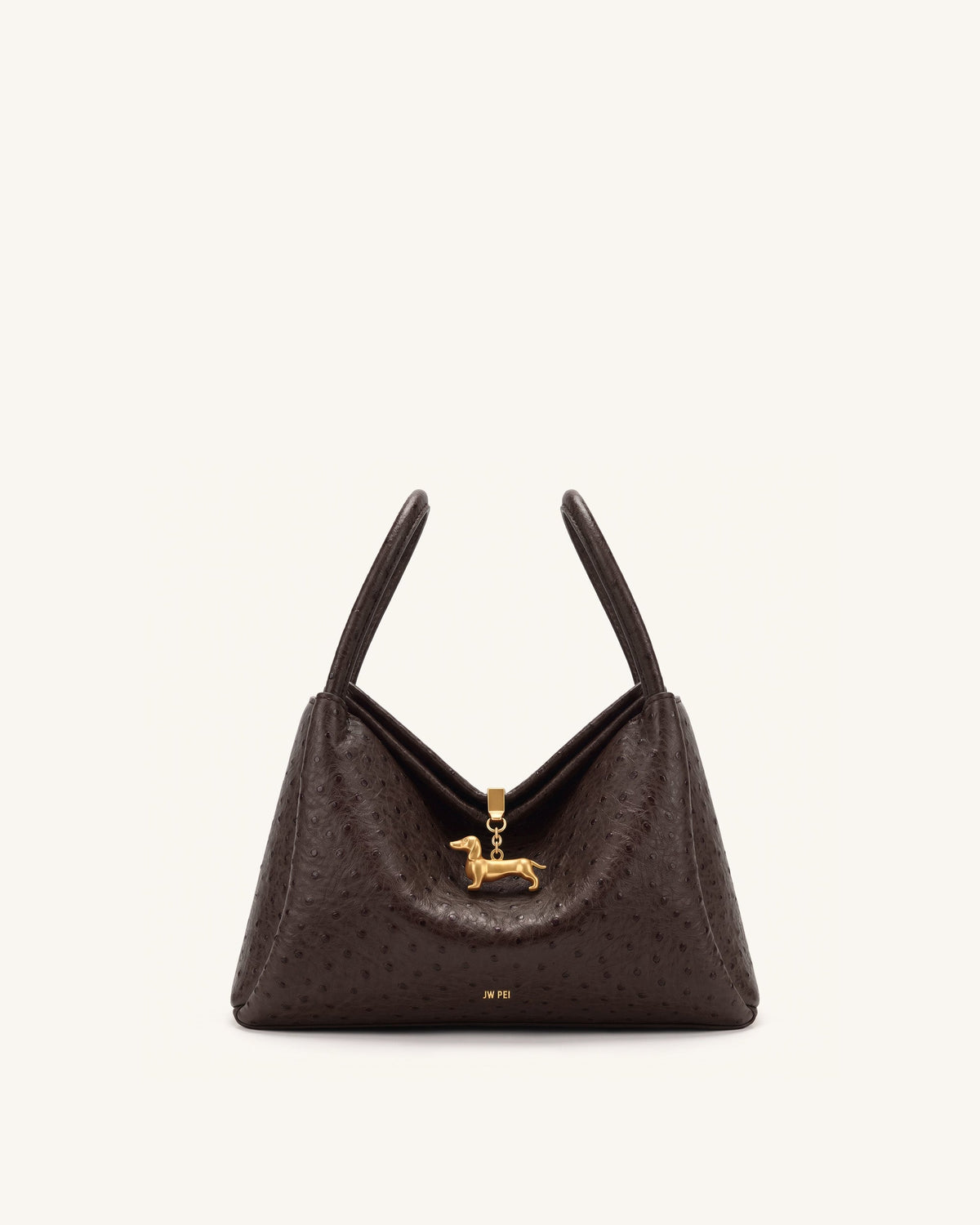JWPE - Maelle Faux Ostrich Grain Dachshund Charm Double Handle Bag - Dark Brown