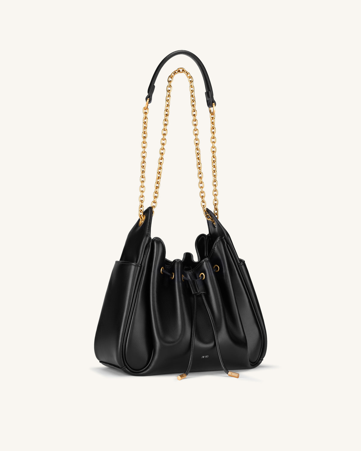 JWPE - Rowan Ruched Drawstring Chain Bucket Bag - Black