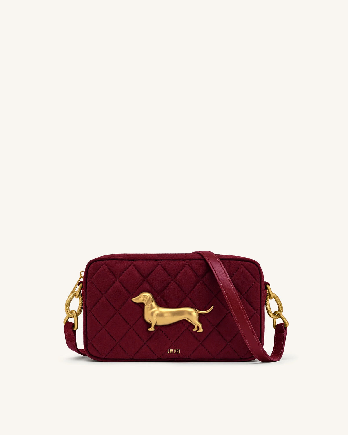 JWPE - Riley Faux Suede Dachshund Quilted Shoulder Bag - Burgundy