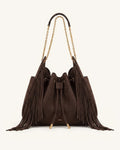 JWPE - Rowan Faux Suede Tassel Ruched Drawstring Chain Bucket Bag - Amber Brown