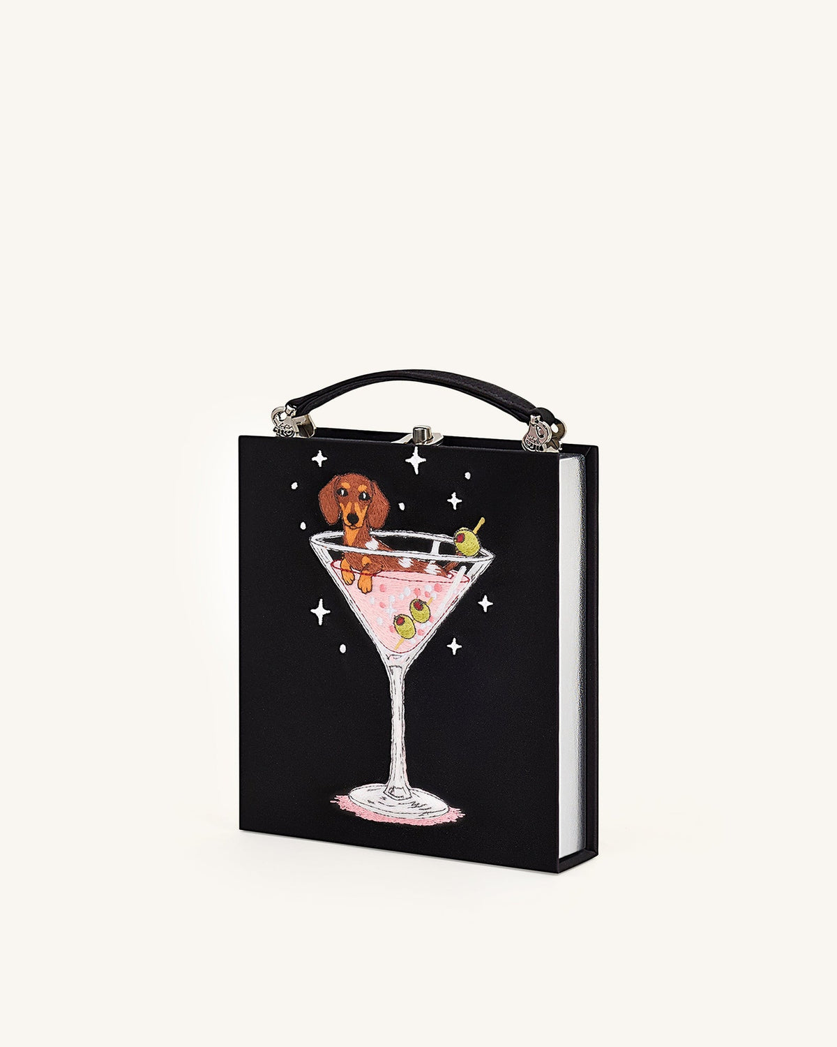 JWPE - Taya Wine Glass Puppy Pattern Book Shape Clutch Bag - Black
