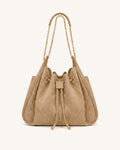 JWPE - Rowan Faux Suede Quilting Ruched Drawstring Chain Bucket Bag - Coconut Brown