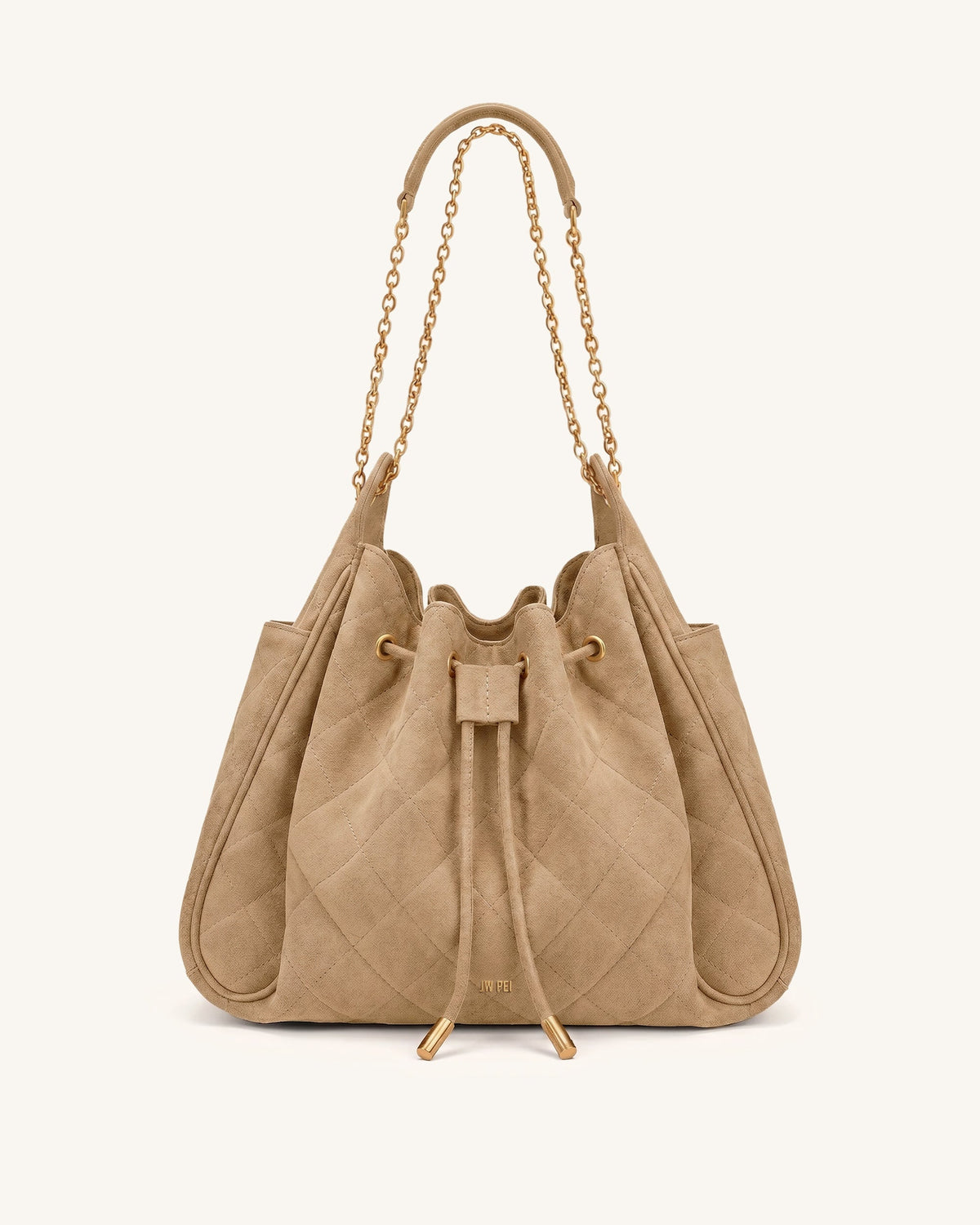 JWPE - Rowan Faux Suede Quilting Ruched Drawstring Chain Bucket Bag - Coconut Brown