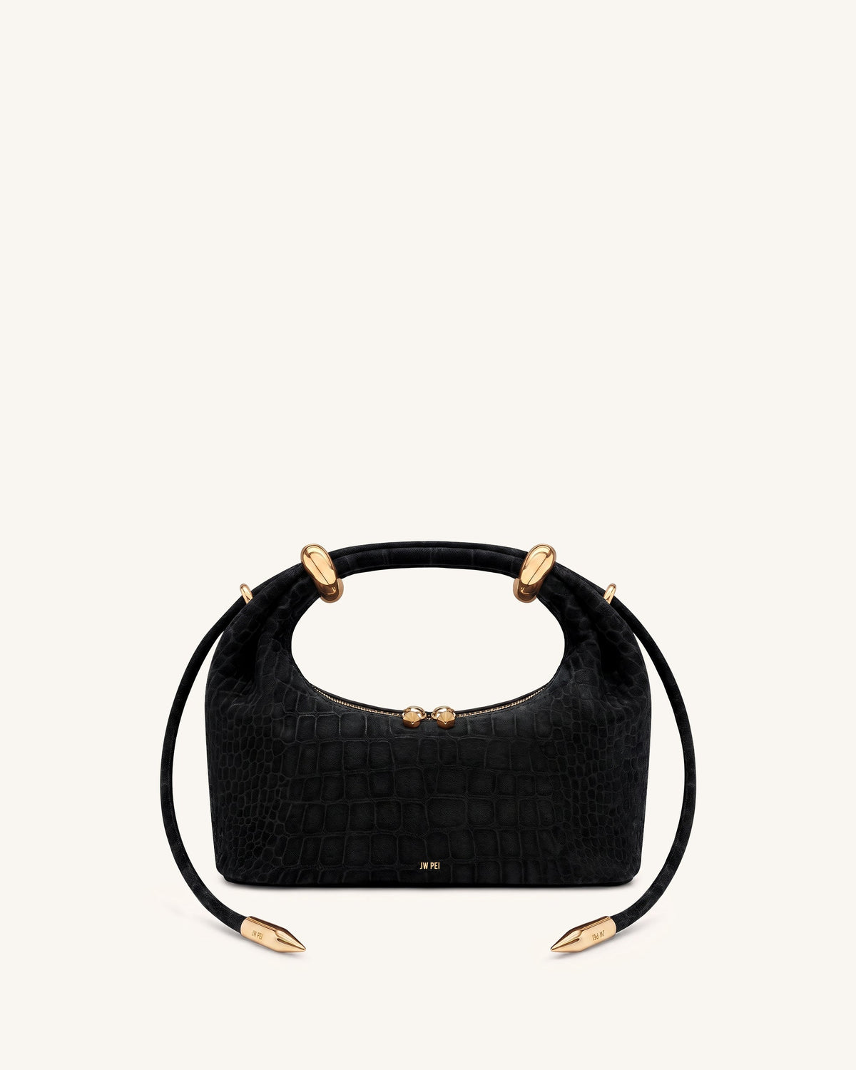 JWPE - Ellie Faux Suede Metal Ring Embellished Top Handle Bag - Black Croc